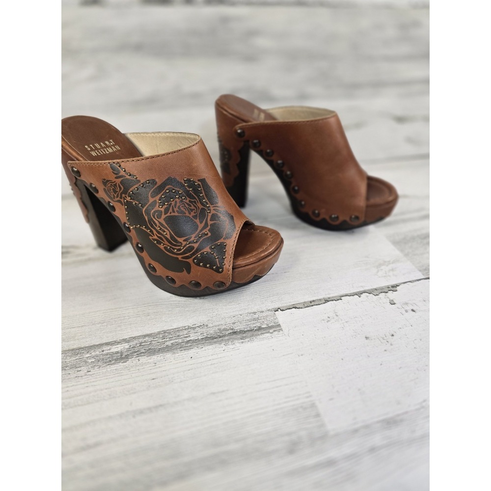 Stuart Weitzman Womens Tan Leather Rose Floral Studded Platform Clog Mules Spain - Picture 2 of 13